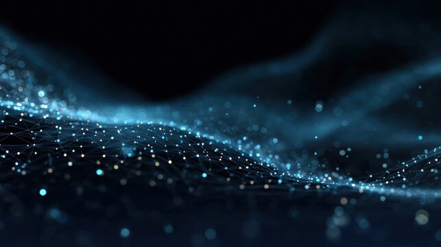 A dark blue and black abstract wave pattern with glowing blue particles and a dark background.