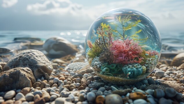 A glass sphere containing a miniature underwater scene rests on a pebbly beach near the ocean, sunlight illuminating the scene