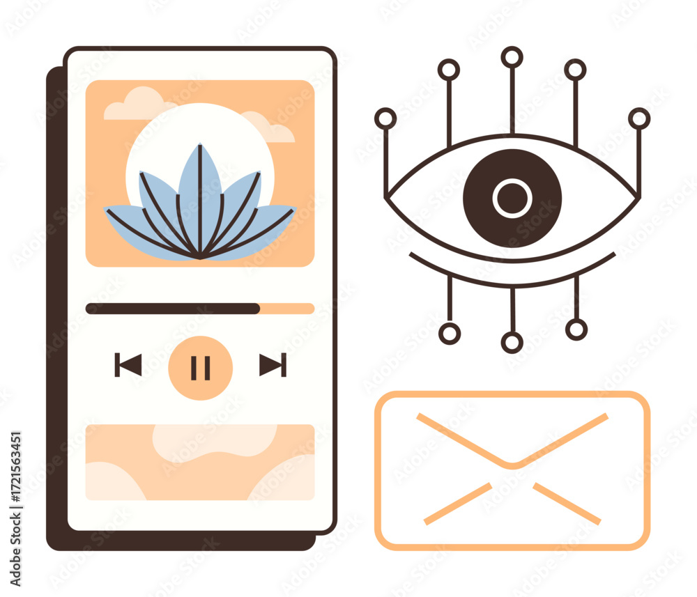 Aufkleber mobile app interface with audio player design, an abstract eye symbolizing ai and technology, and an