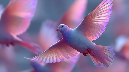 Fototapeta premium Graceful white dove soaring through soft pastel sky, a symbol of peace and hope.