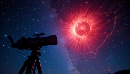 realistic night sky with a large telescope on tripod, pointing towards the stars, ultra detailed starry sky, visible exoplanet glowing red and orange with atmospheric effects, cinematic astrophotograp