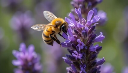 Macro shot of a honeybee pollinating a lavender flower, natural background, high detail, sharp focus, nature photography.