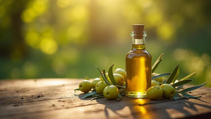 Fresh olive oil in a glass jug. 