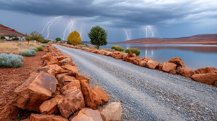 Dramatic Lightning and Storm Over Turquoise Cove with Scenic Road and Rocks