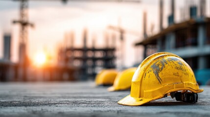 Three yellow construction helmets on a construction site with a sunset in the background.
