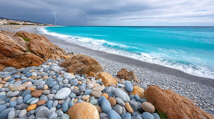 Dramatic Seascape with Lightning Storm Over Turquoise Ocean and Rocky Shoreline