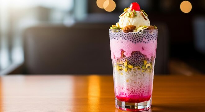 A refreshing falooda drink with ice cream, nuts, and cherry on a table