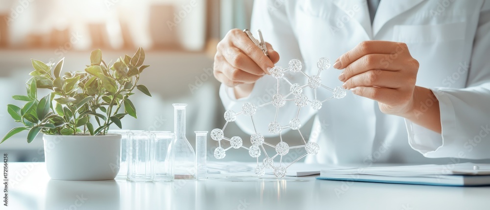 Poster scientist examines molecular structure with plant and labware, symbolizing genetic science.