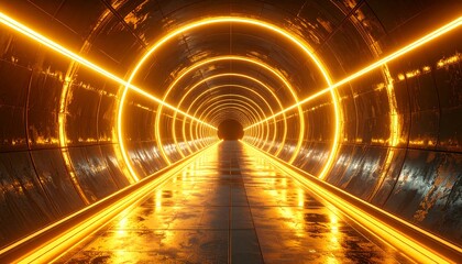 A futuristic tunnel, lit by glowing orange circles and lines, creating a sense of depth and advanced design. The reflective surface enhances the bright illumination