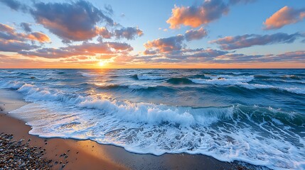 Dramatic Golden Sunset Over Ocean Waves with Colorful Sky at Dusk