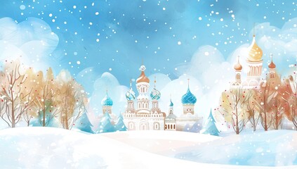 Fototapeta premium A whimsical winter scene depicts a cluster of onion-domed churches nestled amidst snow-covered trees and a pristine, snowy landscape under a softly falling snow
