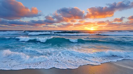 Dramatic Sunset Over Ocean Waves With Golden Sky and Colorful Clouds