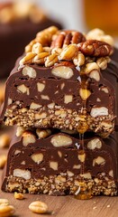 Chocolate Peanut Butter Pecan Bars Stacked.