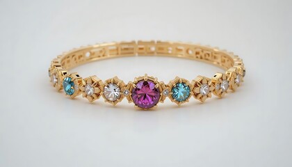 Golden bracelet with colorful faceted gemstones, isolated with transparent background, shadow overlay, high quality clipping path, ready for catalog and online shop