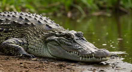 Naklejka premium Alligator Resting Near Water's Edge on Muddy Bank in Green Wildlife Setting
