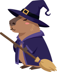 Obraz premium Capybara dressed as witch with broomstick in purple cloak and hat cute Halloween character vector art