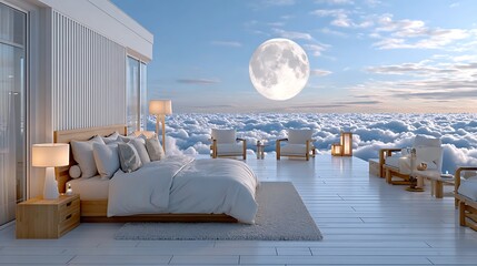 Dreamy Bedroom Under Moonlight in Night Sky Surrounded by Soft Clouds