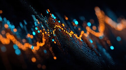 A digital abstract with a blue and orange color scheme, featuring a wave-like pattern and a blurred background.