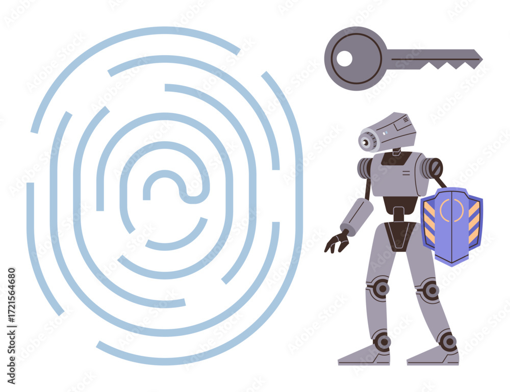 Aufkleber robotic figure holding shield, fingerprint, and key symbolize data security, encryption, and identit