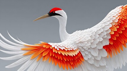 Elegant White Crane with Red Beak and Dreamy Wings in Flight