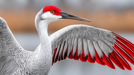 Dreamy White Crane Spreading Its Wings with Red Accent in a Serene Landscape