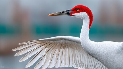 Dreamy Crane with Red Head and Wide Wings in Soft Background Setting