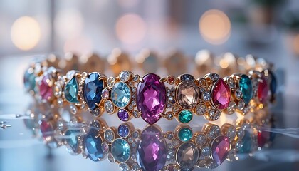 Luxury bracelet with vibrant gemstones displayed on reflective glass surface, soft studio lighting, artistic product shot, modern still life photography, high resolution
