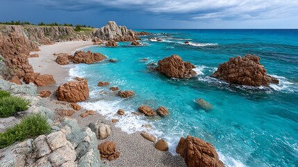 Dramatic Storm Clouds Over Turquoise Cove with Rocky Shoreline and Waves