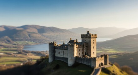 Obraz premium Majestic Old Stone Castle on Hilltop Surrounded by Green Fields and Water with Mountain Background in Natural Lighting