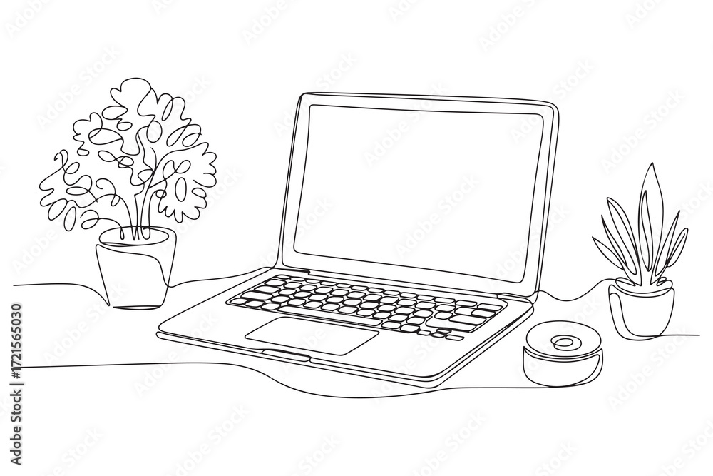 Poster single line continuous drawing of laptop computer minimal outline vector illustration