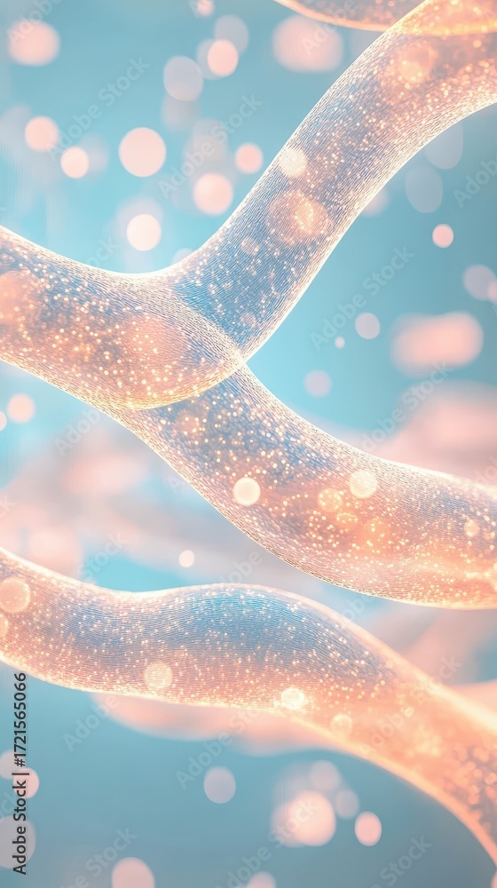 Poster genetic engineering of cells with sparkling particles in blue and pink soft background, abstract sci