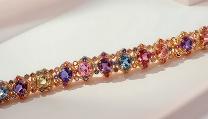 Elegant golden bracelet with multicolor gemstones, flatlay composition on pastel background, minimalistic modern style, soft shadows, stock photography for e-commerce