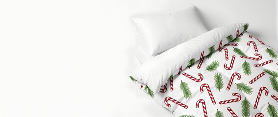 White Christmas Bedding with Candy Cane Pattern on White Background, Copy Space