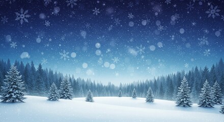 Fototapeta premium Winter snowy forest landscape with trees and mountains at night. Winter forest with snowy trees and mountains under a blue sky