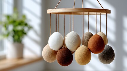 Soft Earthy Toned Baby Mobile Hanging Over Crib in Bright Natural Light
