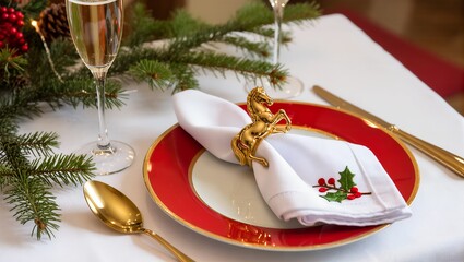 Holiday Dining Setting with Embroidered Festive Napkin and Golden Horse Holder on red plate