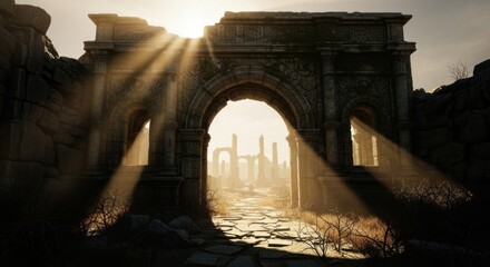 Ancient Stone Archway Ruins with Sunlight Beams Filtering Through in Deserted Archaeological Site