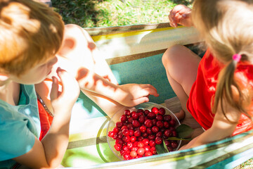 top view of two children eating fresh cherries from a plate sitting in the hammock 