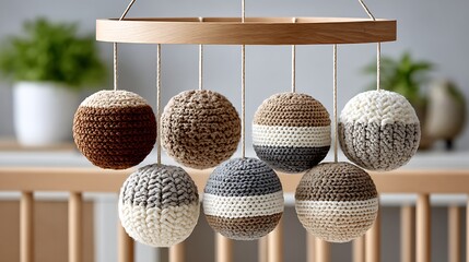 Earthy Toned Baby Mobile for Crib Displaying Soft Crochet Balls in a Modern Setting