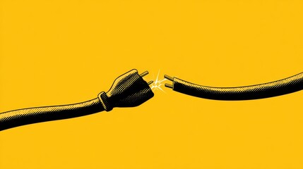 Disconnected electrical plug with sparks on bright yellow backdrop, minimalist design