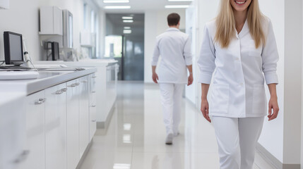 Obraz premium Professional clinic healthcare corridor with medical staff in uniform walking in the hospital