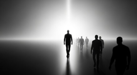 Fototapeta premium Silhouetted Businesspeople Walking in Bright Modern Conference Hall with Dramatic Lighting
