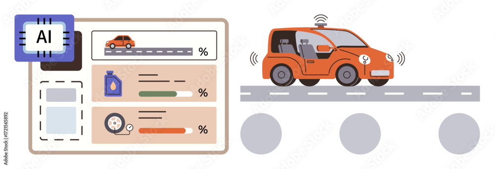 Aufkleber autonomous car driving on the road with sensors, linked to ai-based dashboard displaying analyses th