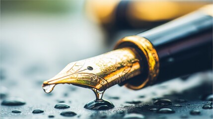 nib. Elegant fountain pen resting on a textured surface, captured from an overhead angle with warm lighting for a sophisticated look. lifestyle magazines.