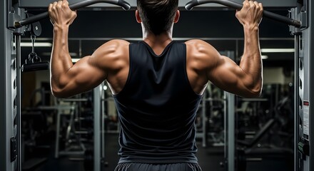 A muscular male athlete performs an intense pull-up exercise, showcasing a powerful and defined back as he focuses on his dedicated strength training in a modern gym.