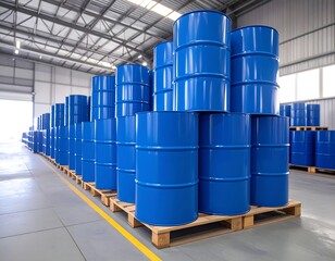 Blue barrels stacked on pallets in a warehouse