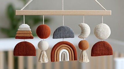Minimalist Earthy Toned Baby Mobile for Crib with Unique Fabric Designs