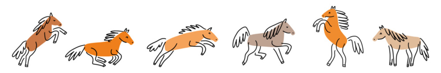 Vector horizontal collection of horses hand drawn in doodle style