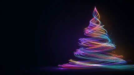 Abstract holographic Christmas tree made of colorful flowing neon light trails on dark background. Futuristic holiday concept with vibrant glowing lines and minimal design.