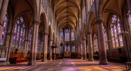 Gothic Cathedral Interior with Tall Arched Ceilings Colorful Stained Glass Windows and Natural Light